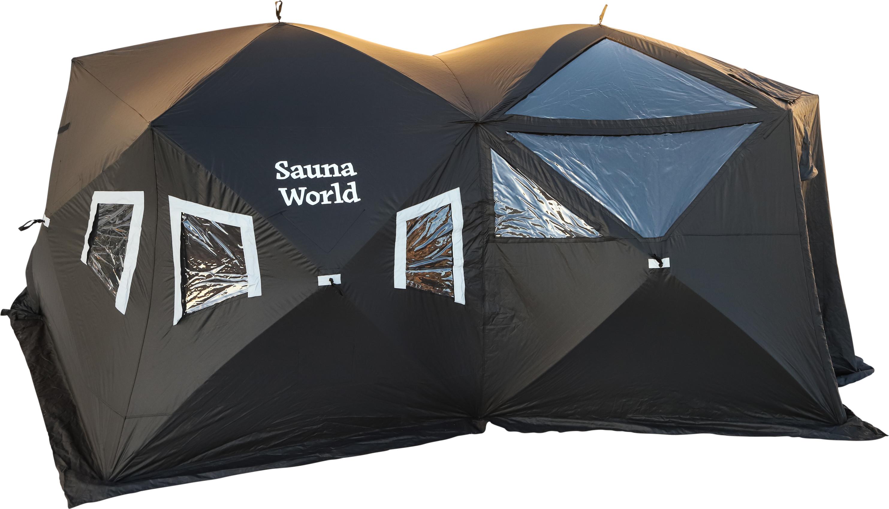iFish Sauna World telt på isen i hvitt vinterlandskap
