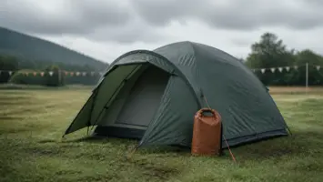 Regntett kuppeltelt med fortelt og tørrpose på en festivalcamp