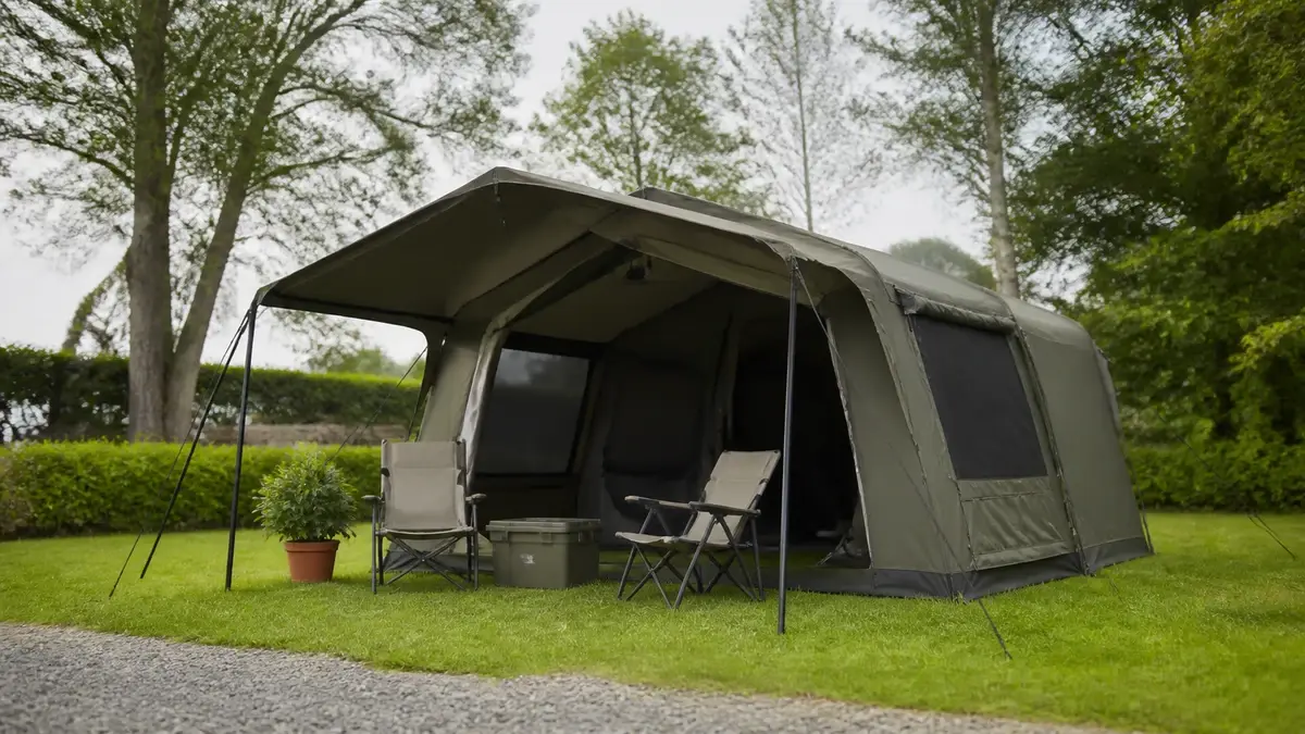 Høyt campingtelt med overbygd inngang, stoler og oppbevaringskasse