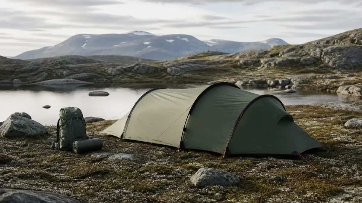 Lavt tunneltelt med ryggsekk ved et fjellvann på norsk høyfjell