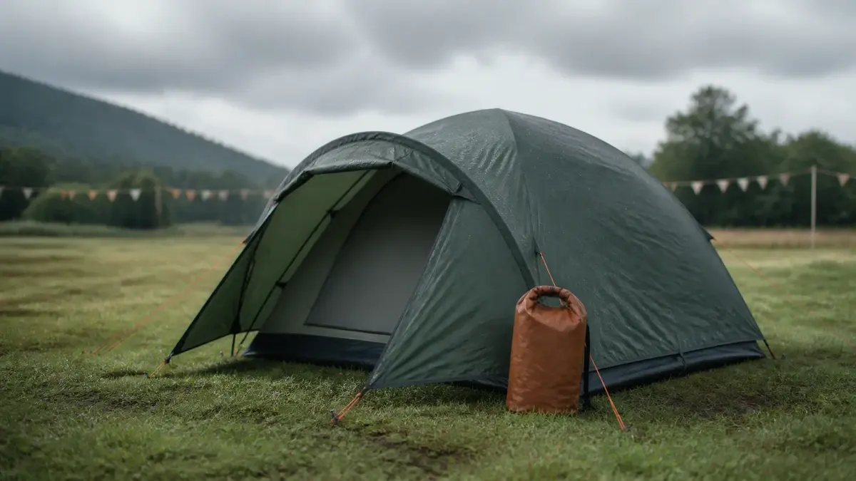 Regntett kuppeltelt med fortelt og tørrpose på en festivalcamp